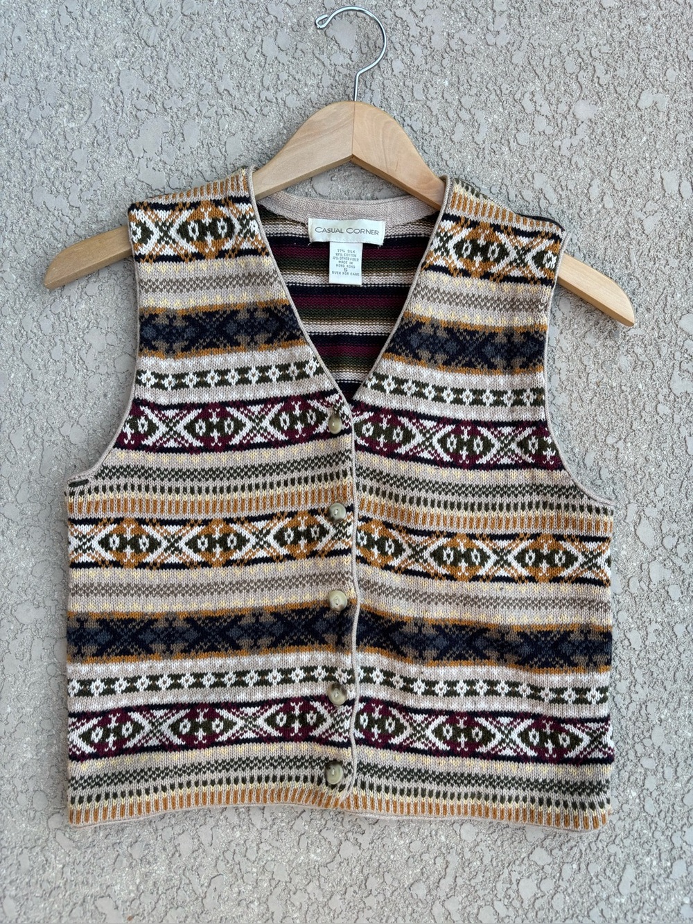 VTG Casual Corner Fair Isle Knit Sweater Vest S Button Front V-Neck Silk Cotton